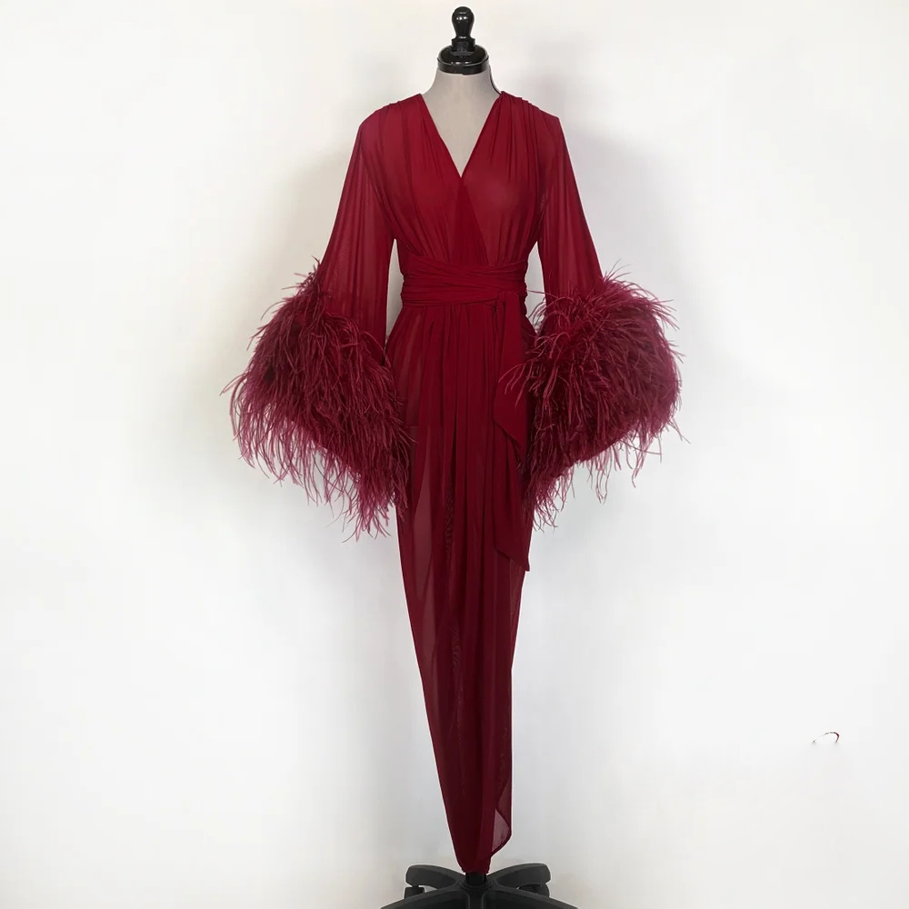 Royal Bride Sleepwear Robes Feather Long Sleeve Custom Made Ruched Chiffon Women Sleepwear Sweep Train Pajamas Dresses, Vermeil
Royal Bride Sleepwear Robes Feather Long Sleeve Custom Made Ruched Chiffon Women Sleepwear Sweep Train Pajamas Dresses, Vermeil