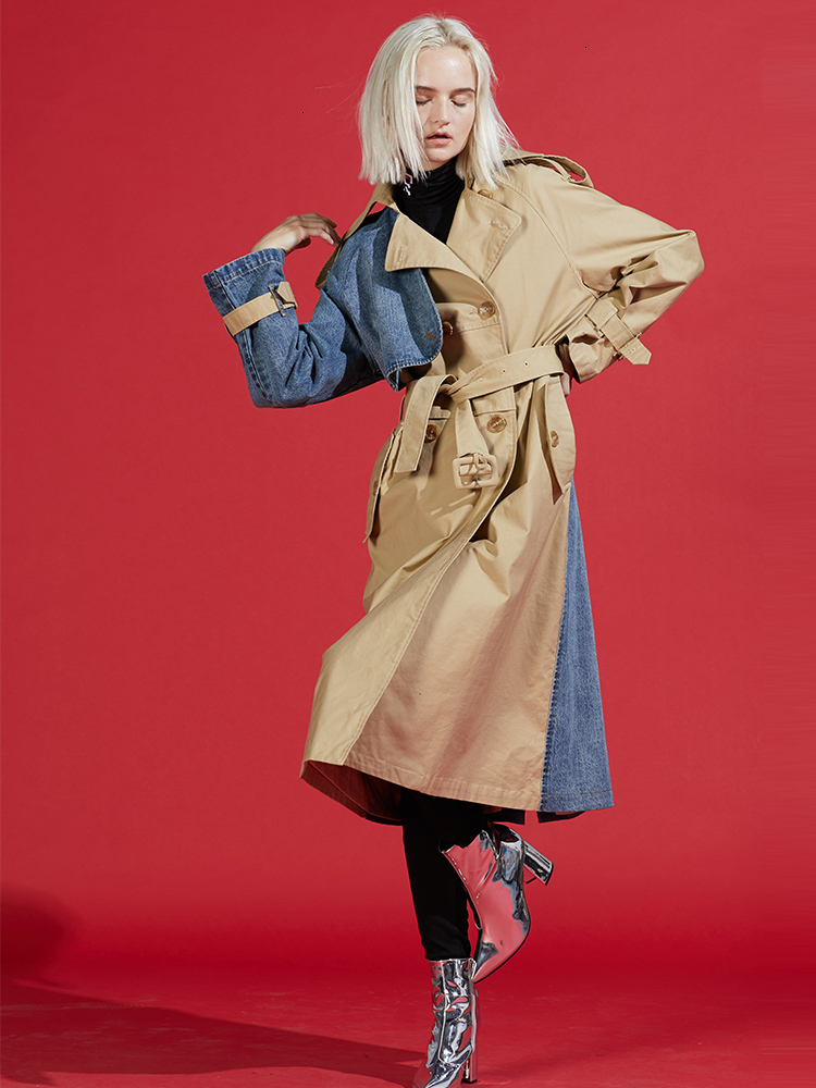 LANMREM autumn New Products Turndown Collar Spliced Denim Patchwork Windbreaker Female Trench WJ26604M 201111