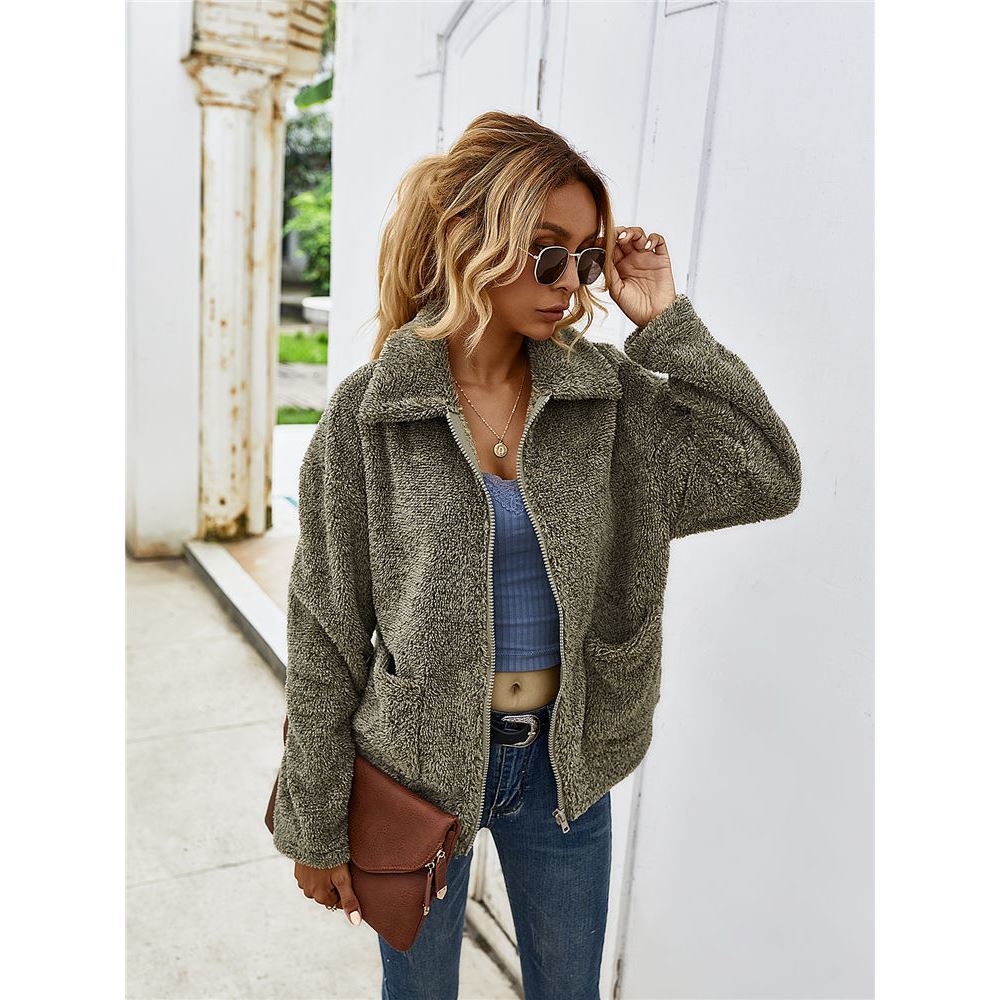 Women Winter Sherpa Sweater Blend Fleece Fluffy Zipper Cardigan Ladies Autumn Streetwear Lapel Zipper Jacket Teddy Sweaters 201225
