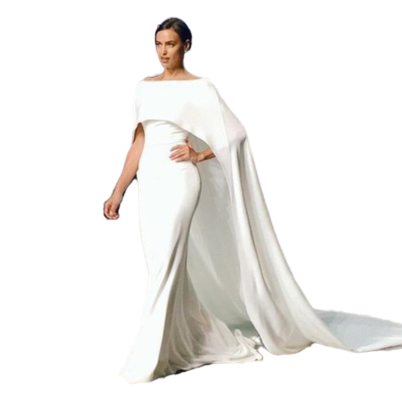 Simple Long Train Mermaid Wedding Dresses Bateau Neck Cape Sleeve Wrap White Satin Bridal Wedding Gowns Reception Dress For Bride Custom Made Vestidos