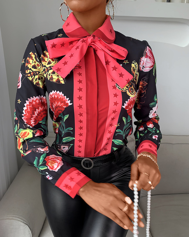Women Casual Autumn Turn-down Collar Chic Chiffon Blouse Tie Neck Floral Long Sleeve Ladies Shirt 220308