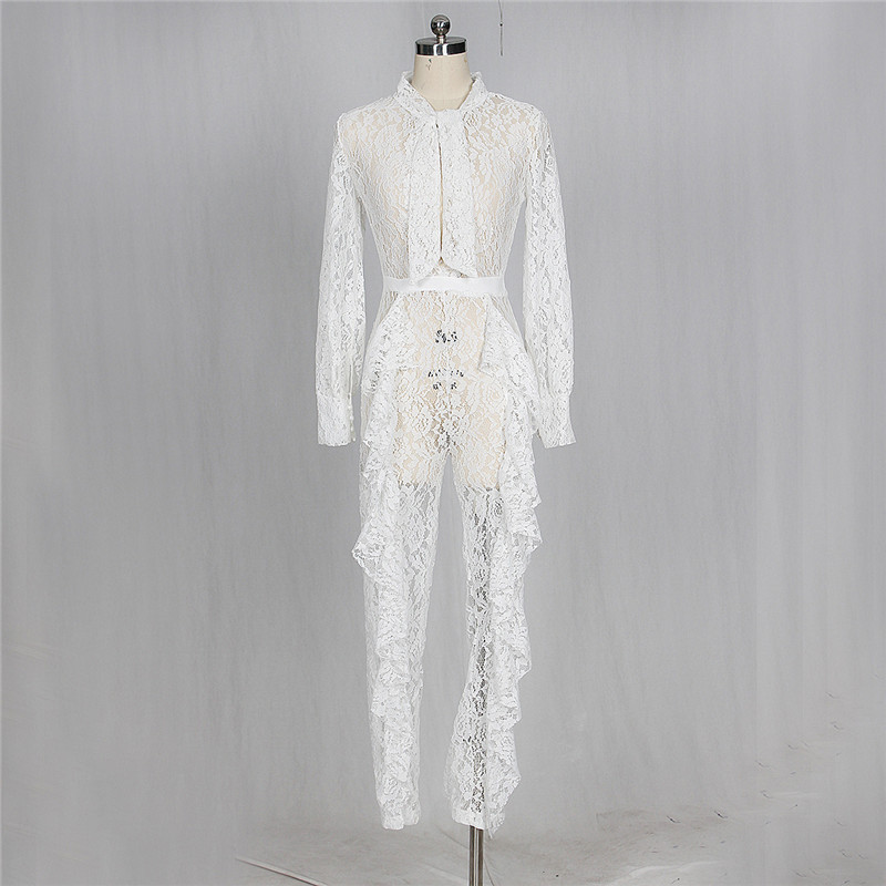 Women's White Sheer Lace Jumpsuit Sexy See Through Ral Ruffles Bodycon Rompers For Party, Club Wear, Night Out B2