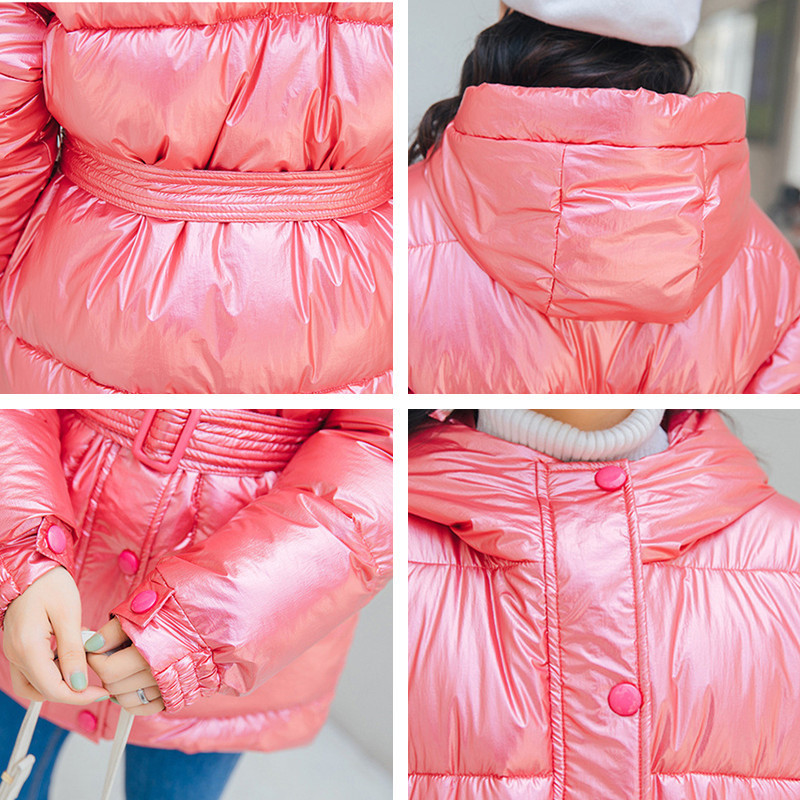 Glossy Warm Women Hooded Coat Solid Soft Cotton Padded Jackets Female Women Slim Belt Winter Parkas Jacket Coat 200928