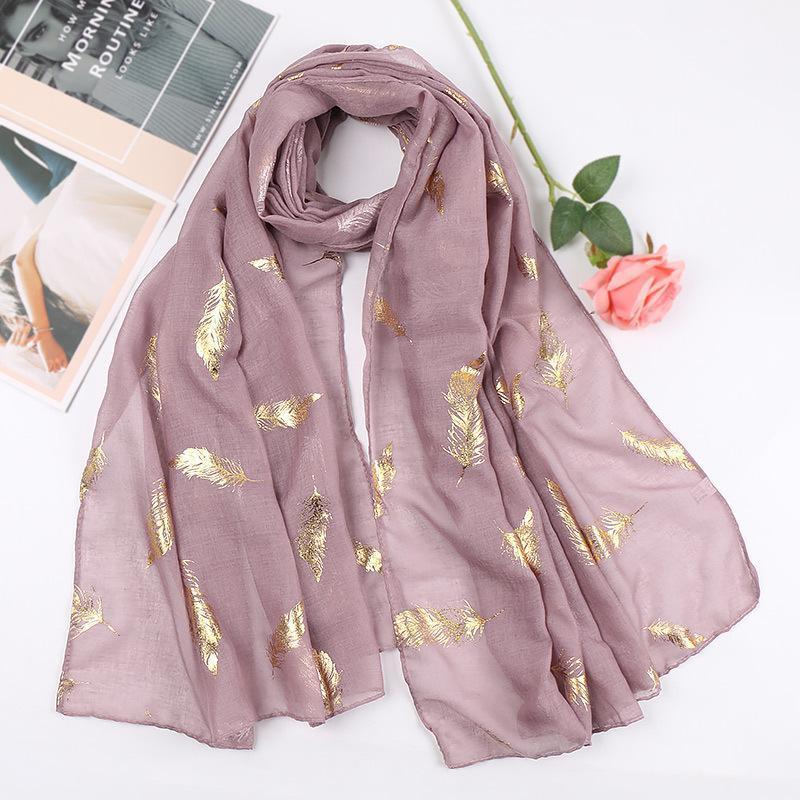 

2020 New Feather Print Gold Foil Scarf Shawls Long Soft Cotton Feather Pattern Wrap Hijab Scarves 8 Color Free Shipping1