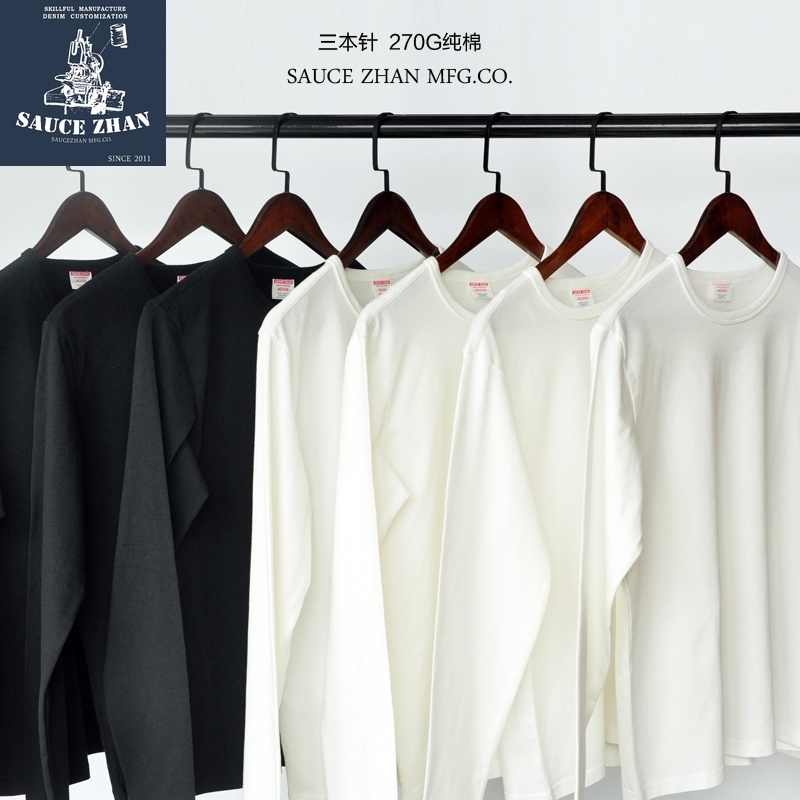 SauceZhan Thirty-two Double-yarn Vintage Thick Cotton T-shirt Full Three Needles Reinforce T Shirt Men O-Neck Casual Solid Tees 201203