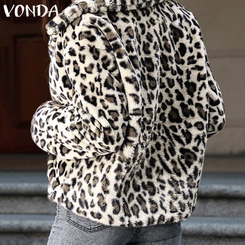 2019 VONDA Women's Fashion Long Sleeve Casual Warm Fleece Jackets Leopard Print Cardigan Oversized Winter Faux Fur Coats Outwear T200111