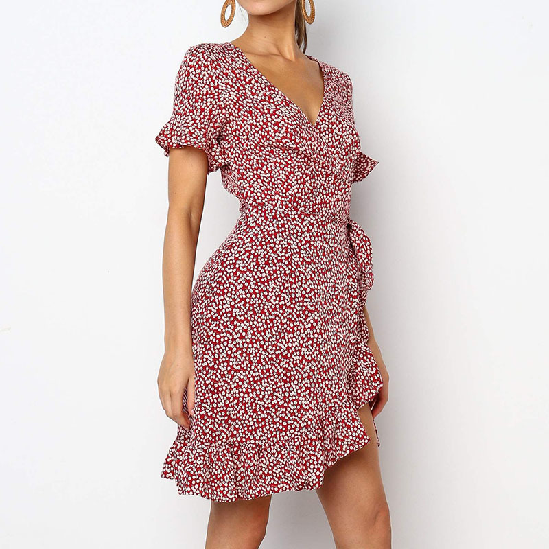 Aachoae Summer Floral Print Boho Ruffle Mini Dress Women A Line Short Sleeve Party Dresses Sexy V Neck Wrap Beach Dress T200603