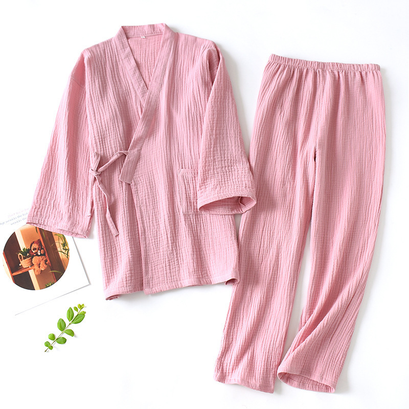 Men and Women 100% Cotton Pajamas Plus Size Loose Bathrobes V-Neck Kimono Pijama Mujer Three Quarter Sleepwear Couple Sleepwear 201031