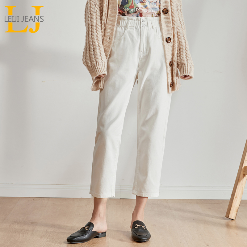 LEIJIJEANS Autumn Plus size womens elastic waist high waist harem pants doublebreasted white and black ladies jeans 201109