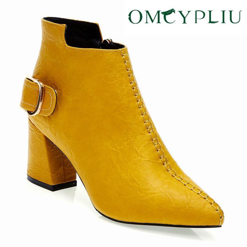 Women Boots Belt Buckle Woman Shoes 2020 High Heels Shoes High Quality Female Boots Pointed Toe Shoe For Female zapatillas mujer1, Yellow