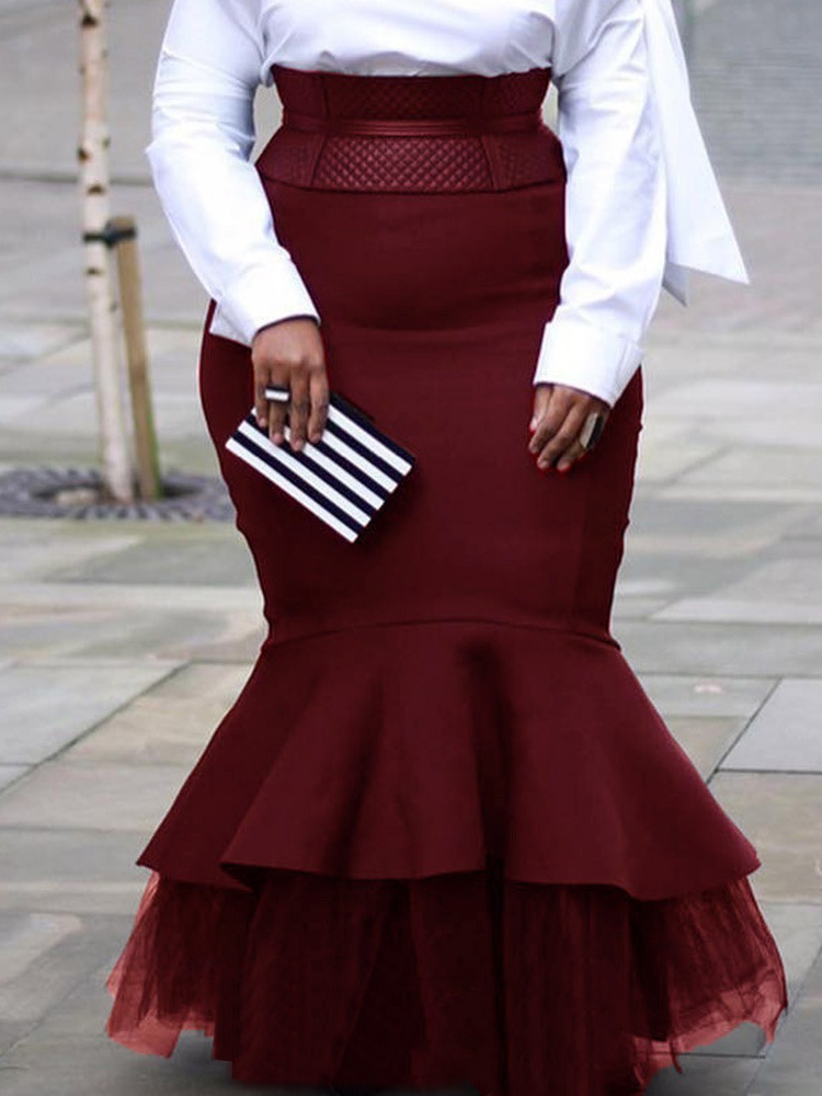PLUS SIZE High Street Party Elegant Women High Waist Ruffles Side Maxi Skirts Femme Mesh Spliced Flat Mermaid Skirts 2 Color T200618