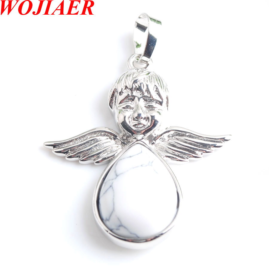WOJIAER Angel Wings Natural Agate Quartz Turquoise Stones Pendants Necklaces bead Women Girls Jewelry Christmas Gifts BM902