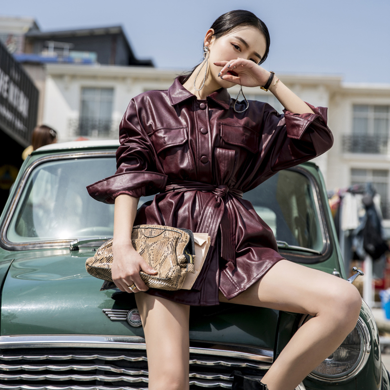 Unua amo PU Leather Sashes Jacket Women Black Punk Coat 2020 Loose Fit Elegant Fashion High Quality Faux Leather Jackets T200814