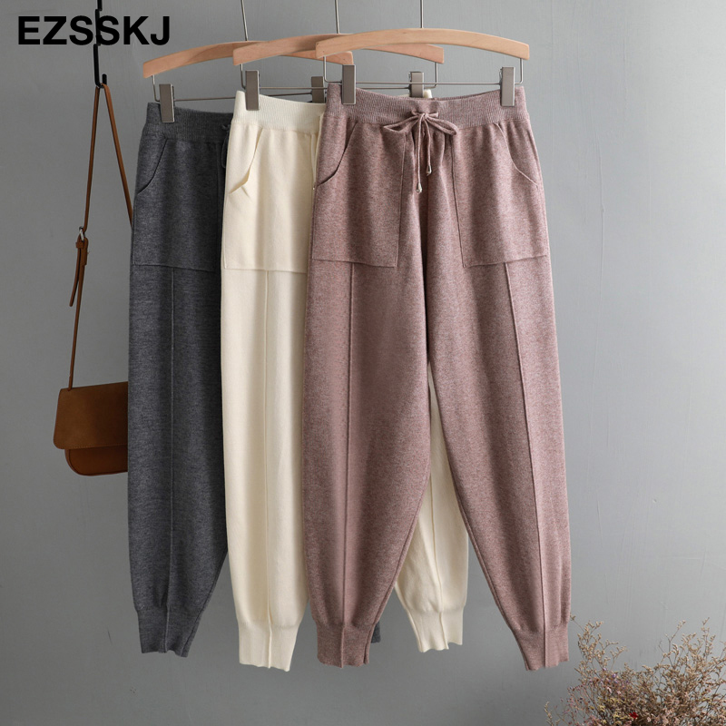 Harem winter Drawstring chic autumn Women Loose female Knitted knit Trousers With Pockets Radish Pants T200324