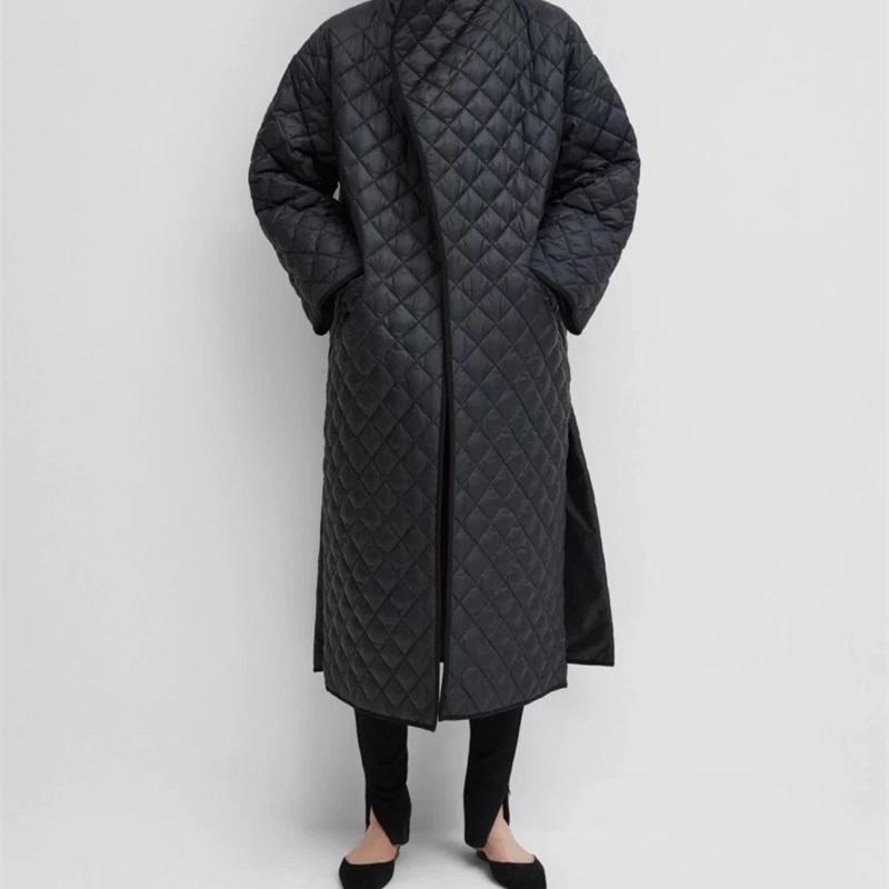 Obrix Long Casual Style Streetwear Jacket V-Neck Full Sleeve Loose Ankle Length Trendy Quilted Coat For Women 201023