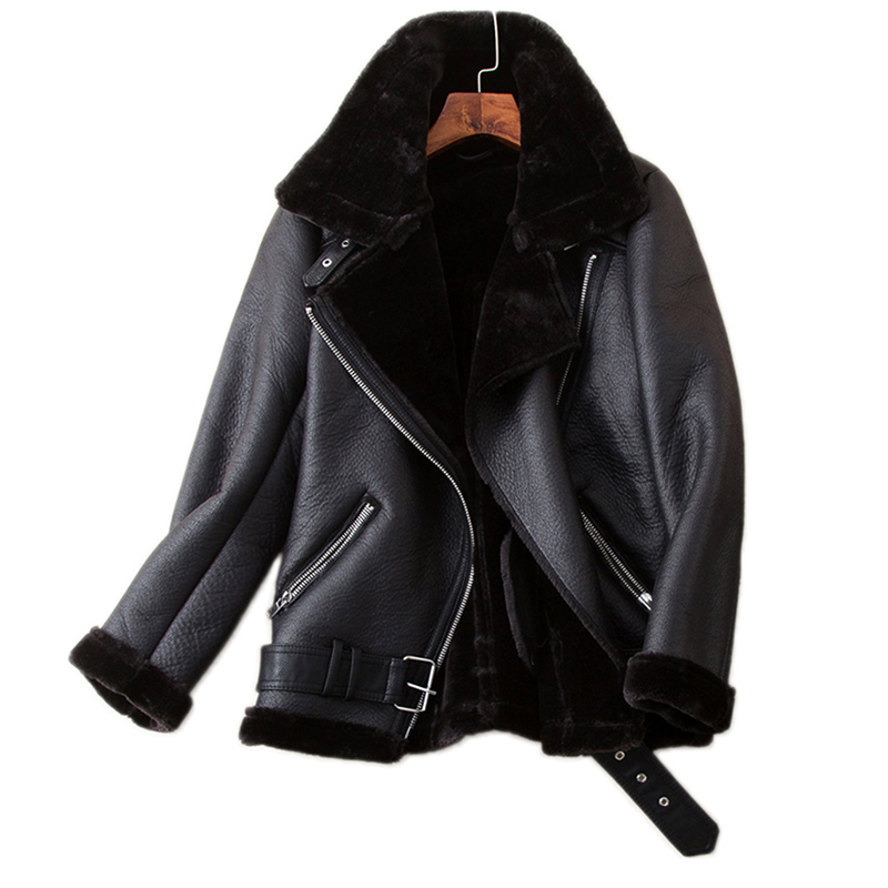 FTLZZ Women Winter Warm Faux Lamb Leather Jacket Coat Faux Leather Lambs Wool Fur Collar Motorcycle Black Jacket Bomber Overcoat 201020