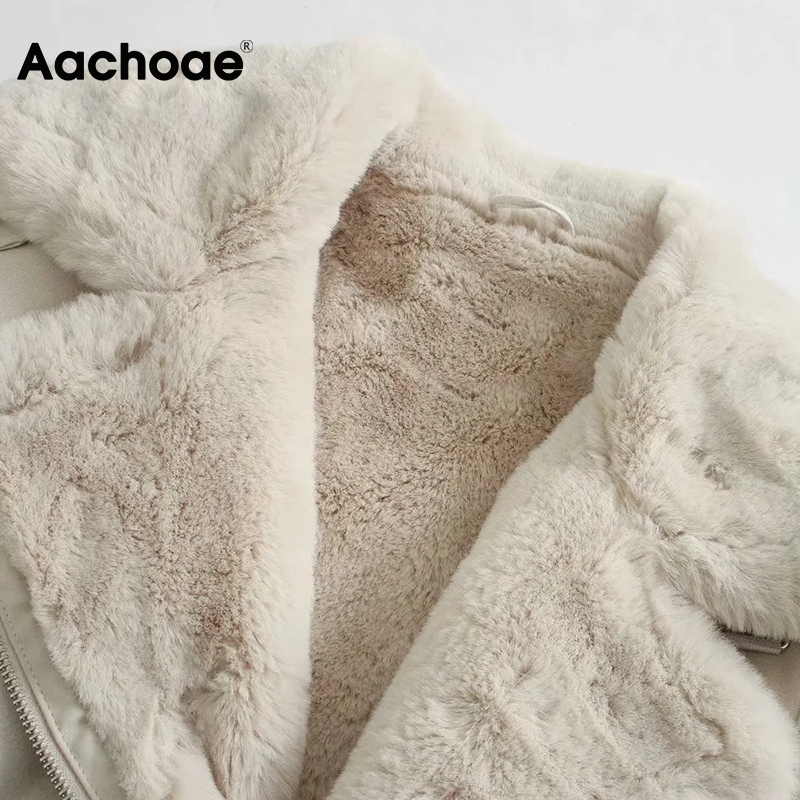 Aachoae Winter Streetwear Fur Faux Leather Jacket Women Fashion Thick Warm Coat Female Zipper Up Sashes Jackets Coats 201017