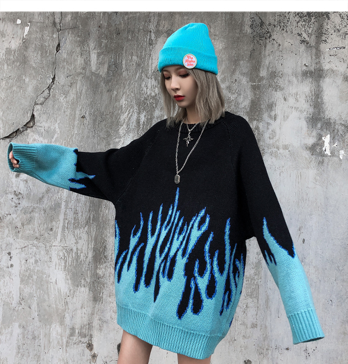 Sweater Pullover Men Streetwear Blue Fire Flame Knitted Sweater Hip Hop Harajuku Tops Casual Couple Sweater Black 201203