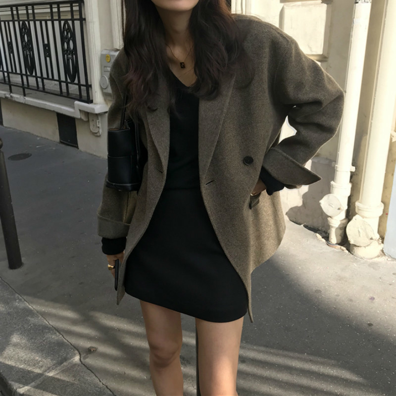 Women Winter Elegant Short Cashmere Overcoat Wool Coat Loose Long Sleeve Double Breasted Parka Oversized Chic Cloak 201216