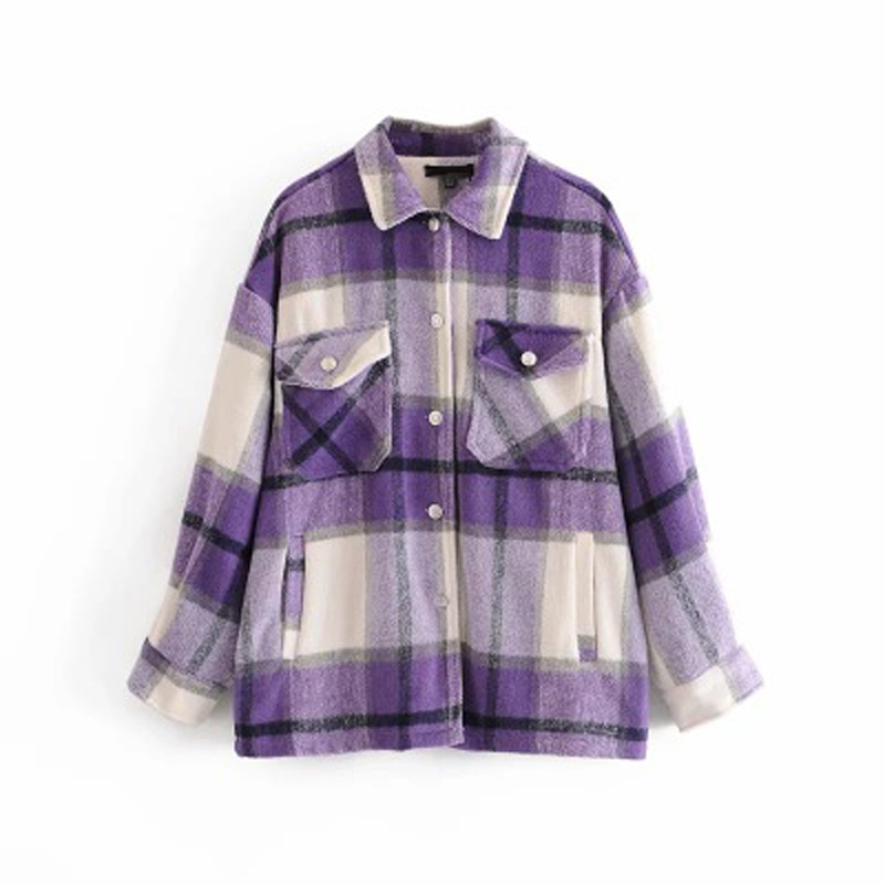 Women Sweet Plaid Jackets Oversized Checked Shirt Coat Loose Casual Woolen Coat Autumn Winter Wool Blend Outerwear Streetwear 201019