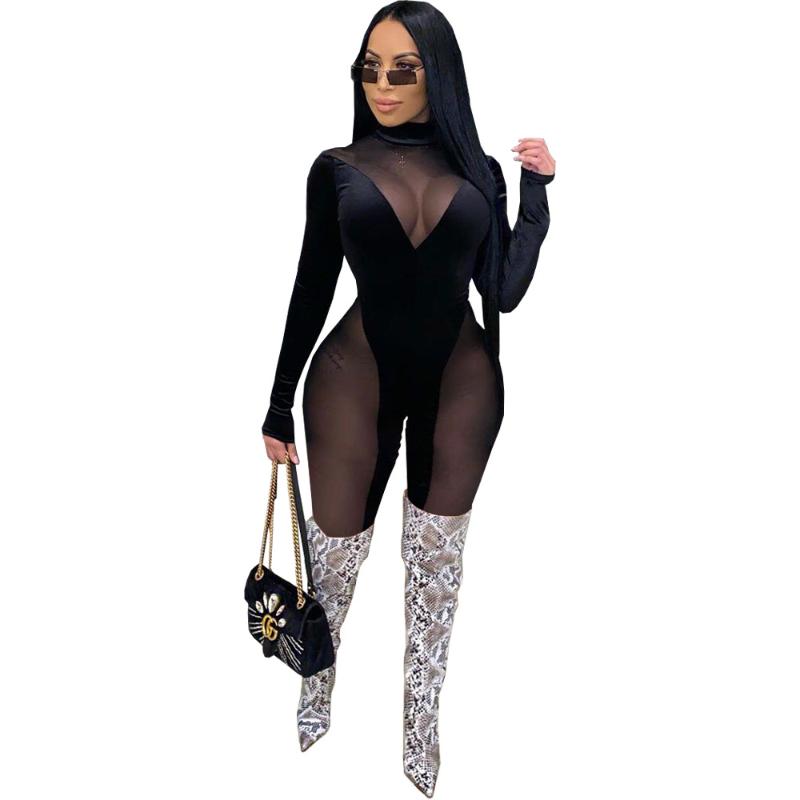 Autumn Mesh Velvet Patchwork Women's Jumpsuit Sexy Club Party One Piece Overall High Waist Bodycon Rompers Outfit