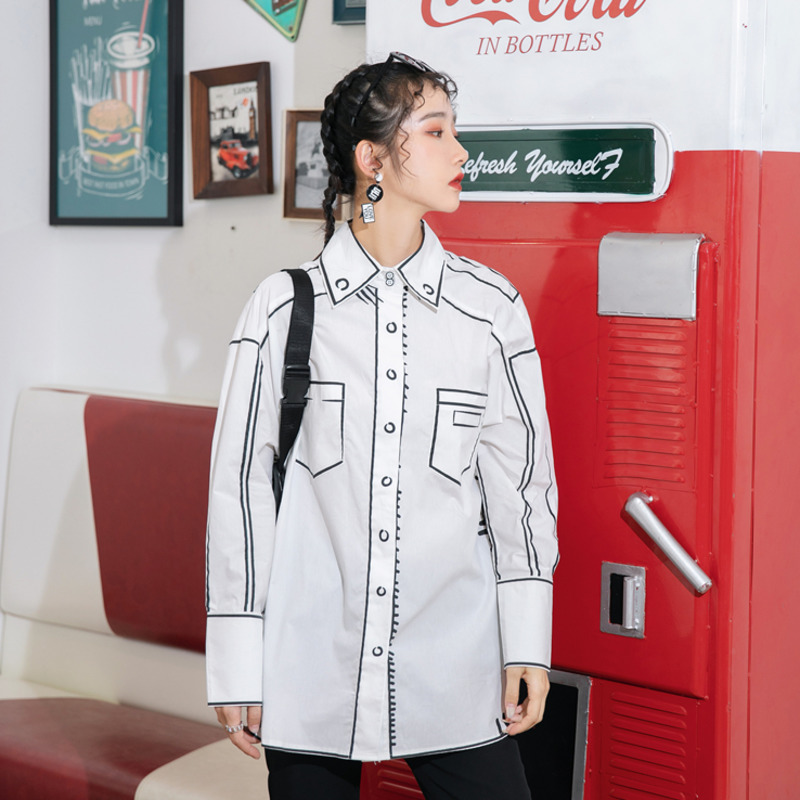 LANMREM autumn Graffiti print white shirt famale long sleeve new streetwear singlebreasted fashion top 2A300 201201