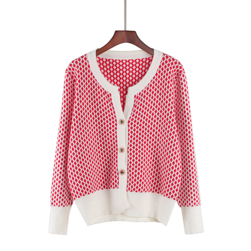 2021 Argyle Jersey Autumn Cardigan New Fashion Skinny Female Short Jumpers Cute Neck Contrast NONL, Red
2021 Argyle Jersey Autumn Cardigan New Fashion Skinny Female Short Jumpers Cute Neck Contrast NONL, Red