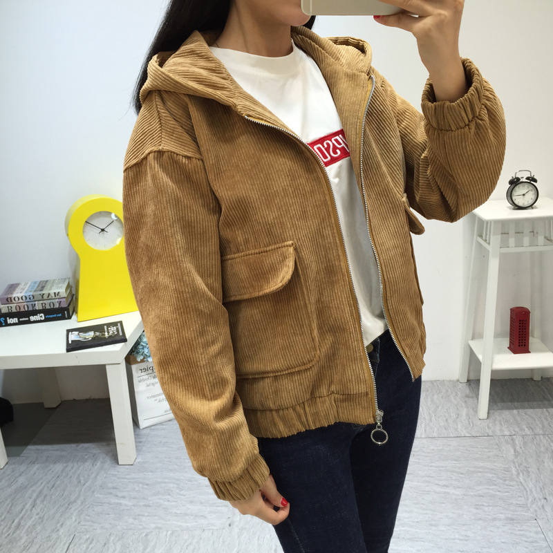 Women Hooded Corduroy Jacket 2019 Spring Fashion Long Sleeve Casual Jacket Coat Women Basic Loose Short Jacket Female Outerwear T200319