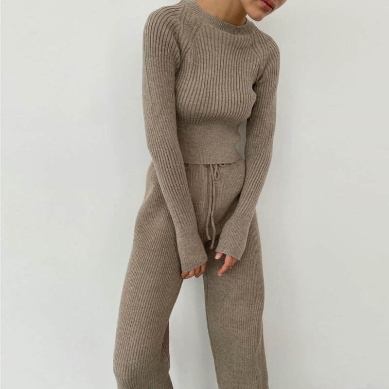 Women's Knitted Sweater Solid Color Round Neck Long Sleeve Outfits Casual Striped Suit Two Piece Sets Tracksuit Warm 201120