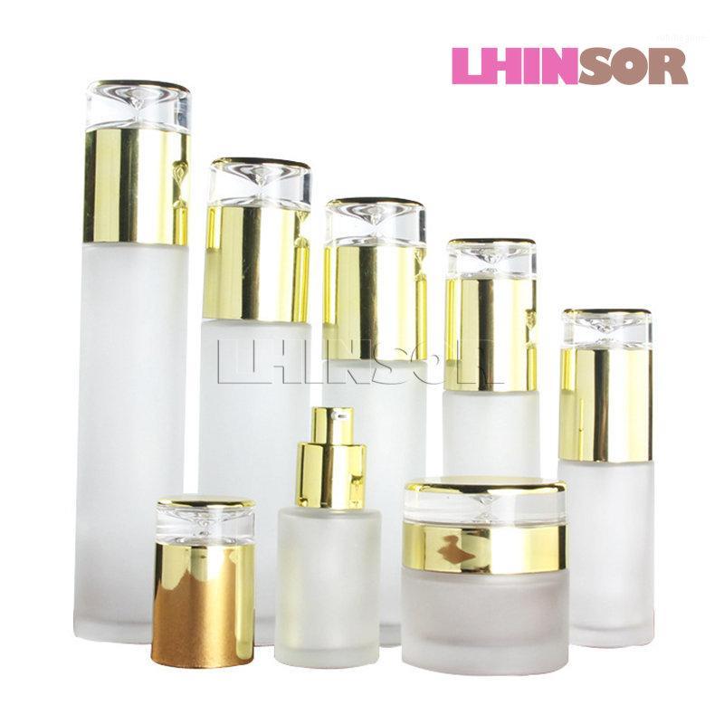 5pcs/lot Golden Cap Frosted Glass Spray Lotion Toner Bottles Press Pump Cream Jars High-grade Cosmetic Packaging Container1