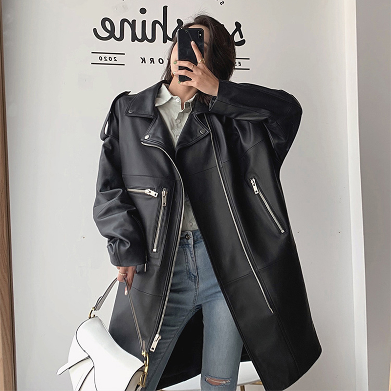 Nerazzurri Oversized black long spring womens leather jacket long sleeve drop shoulder zipper Plus size loose faux leather coat 210201