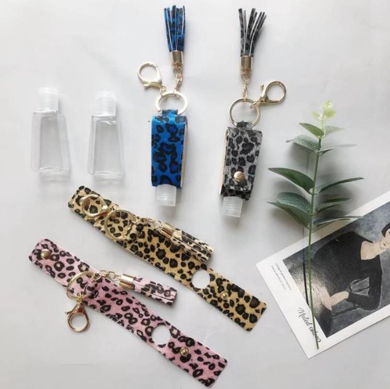 Leopard Sanitizer Keychain PU Leather Sanitizer Bottle Holder Tassels Keychain Plastic Travel Bottle Carrier Container Girl Gift 4 Style6206