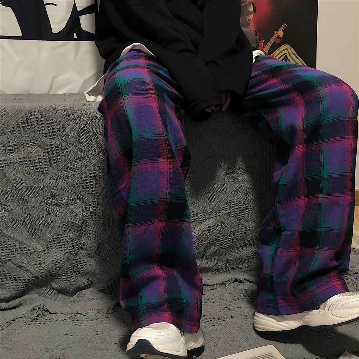 HOUZHOU Korean Style Vintage Plaid Pants for Women Streetwear Harajuku Wide Leg Checkered Pants Women Couple Pockets Unisex 201111