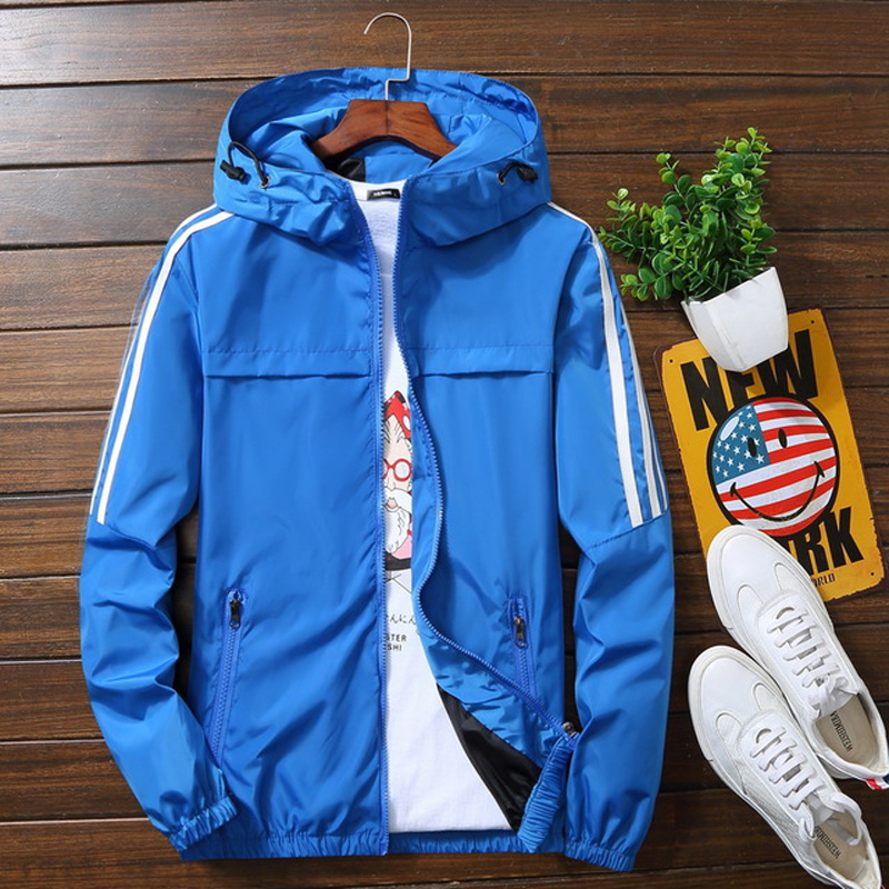 Windbreaker for Men Jacket Korean Casual Sports Outerwear Hooded Zipper Long Sleeve Stripe Mens Bomber Jacket Plus Size 5XL 201111