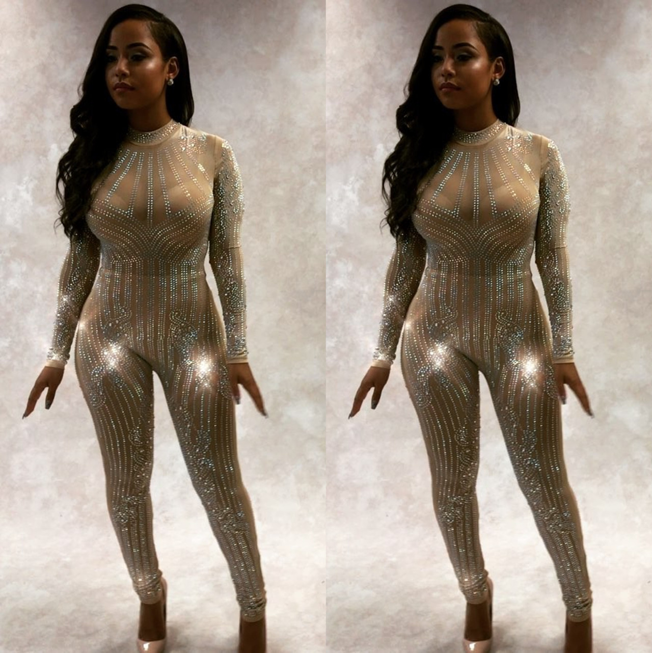 High-end Custom Black/White/Golden Sequin Jumpsuit Fall Womens Long-sleeve High Stretch Party Club Bodycon Rompers