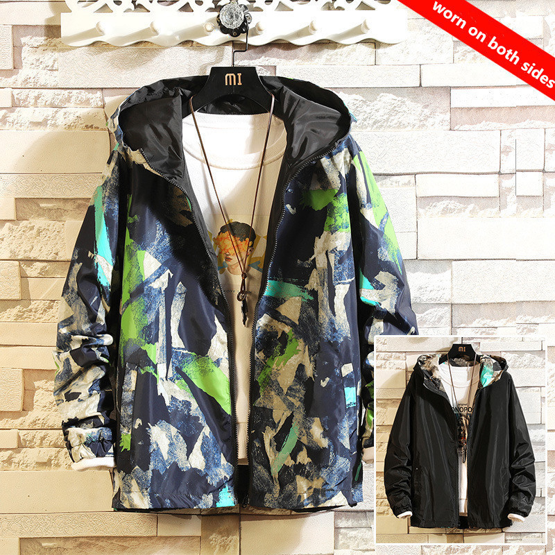 New Men's Jacket Can Be Worn On Both Sides Hooded Windbreaker Men Women Fashion Outwear Printed Street Hip Hop Jacket 201116