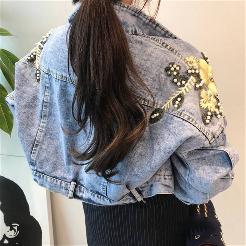 Women Embroidery Butterfly Pearl Bead Short Denim Coat Female Long Sleeve Loose Beading Sequin Jean Jacket Free Shipping 201023