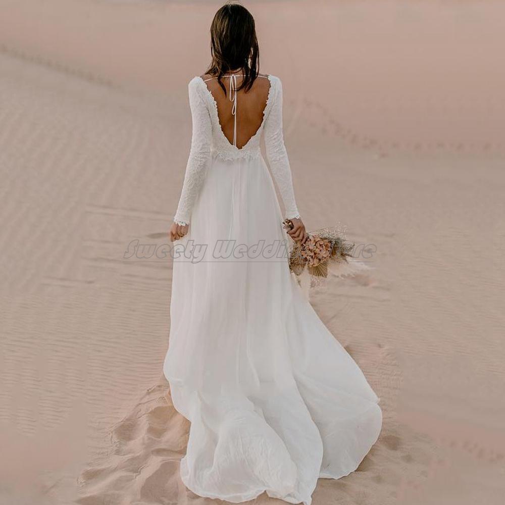 Boho Beach Chiffon Wedding Dress Custom Long Sleeves V Neck Backless Bohemian Bridal Gowns Sweeptrain Robe Soire De Mariage Cg001