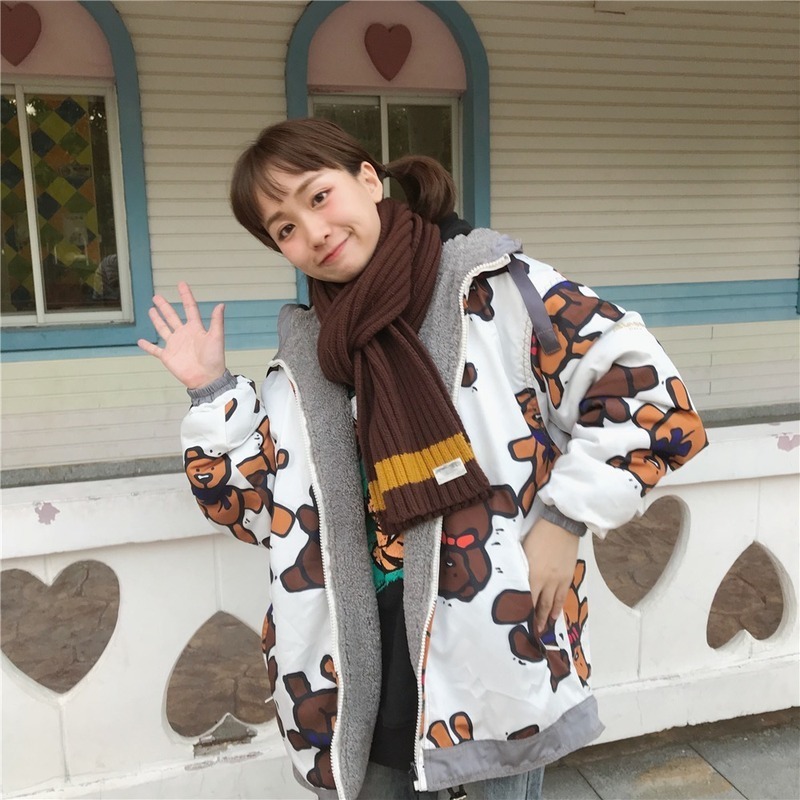 Cute Bear Print Allmatch Casual Cotton Coats Women on Both Sides Wear Coat Kawaii Soft Warm Loose Harajuku Jacket Autumn Winter 201027