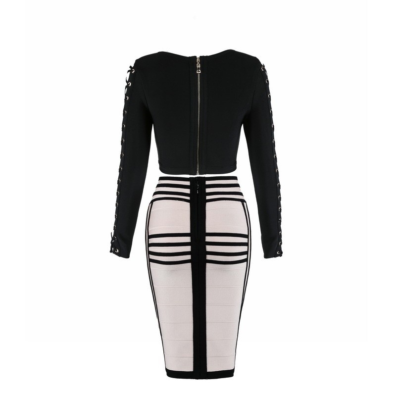 Top Quality HL Celebrity 2 Pieces Set Black Long Sleeve Knee Length Rayon Bandage Dress Cocktail Party Dress 201127