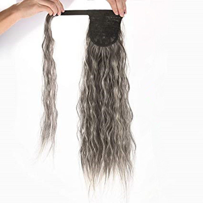 Gray brown light blonde Ponytail ombre human extension Curly Wrap Ponytail Corn Wave Hairpiece Magic Paste Ponytail Long Hair Extensions