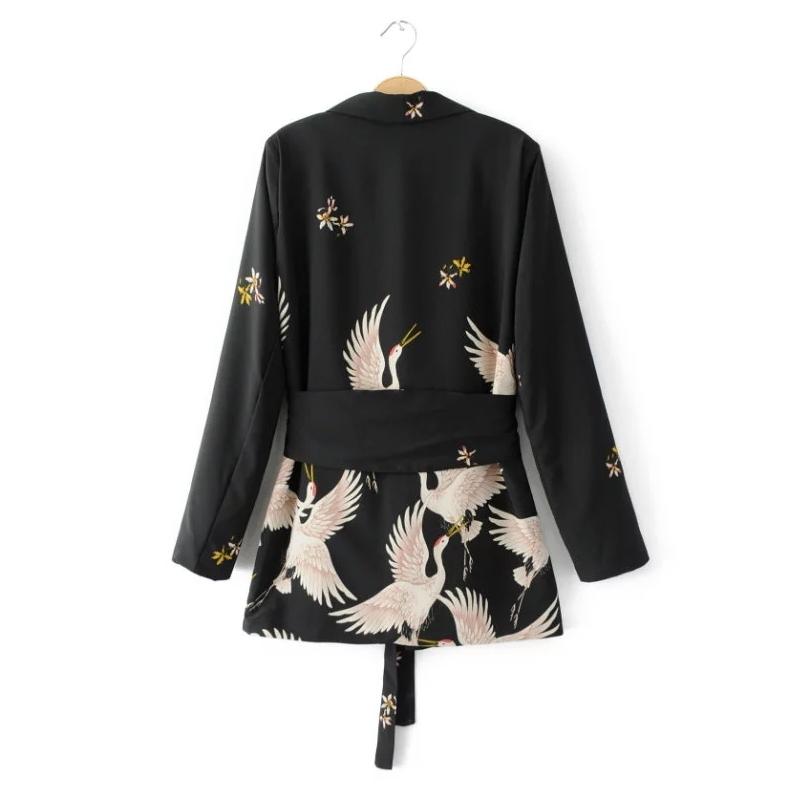 Fashion Women Red Crowned Crane printing Kimono style jacket Casual Long sleeve Coat Vintage Knotted belt Loose Tops C215 201112