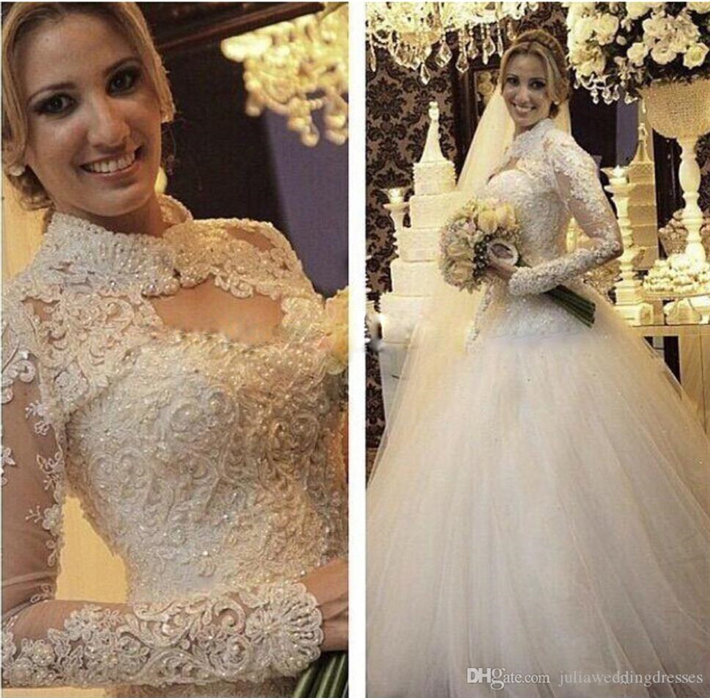 elegant sexy vintage tulle wedding dresses long sleeves beaded arabic muslim plus size wedding party bridal gowns qc152