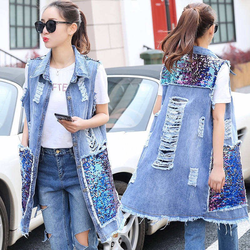 Spring Autumn Long Cardigan Denim Jacket Women Sequined Sleeveless Jeans Jackets fashion ladies blue Hole Coat Plus Size Outwear 201017