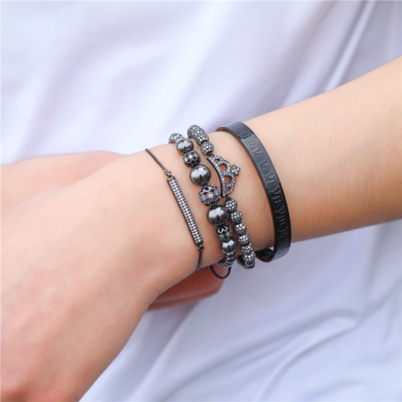 Classic Design Cool Diamond Ball CZ Crown Charm Bracelet Roman Numerals Bangles for Gift 4pcs/set