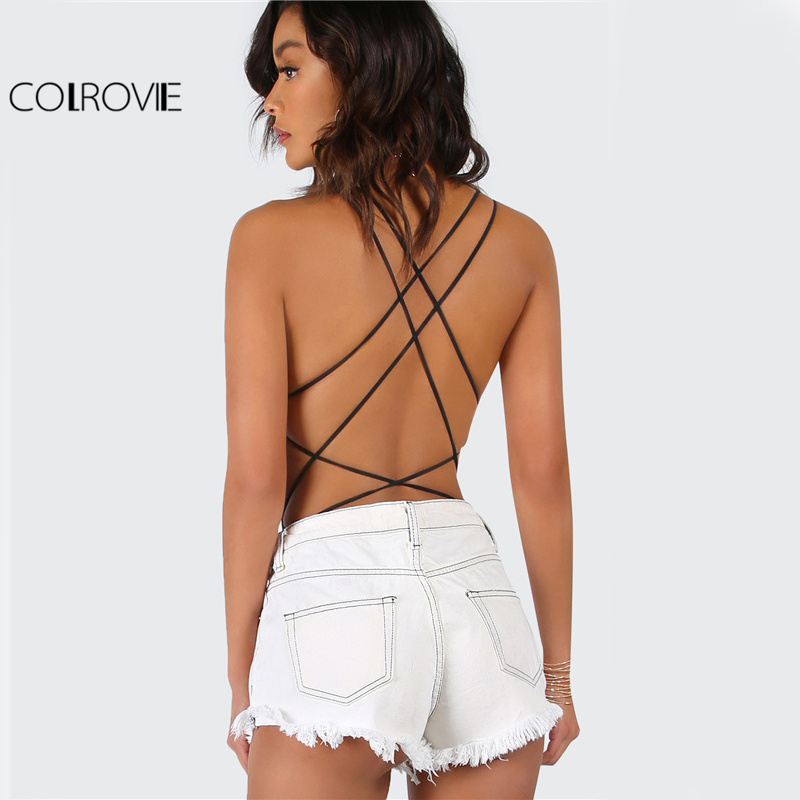 COLROVIE Strappy Backless Bodysuit Women Black Sleeveless Summer Beach Hot Bodysuits Navy Scoop Neck Cross Slim Cami Bodysuit T200323