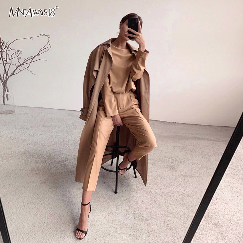 Mnealways18 Khaki Casual High Waist Pants Brown Office Wear Solid Women Pants Elastic Waist Trousers Ladies Zipper Fashion 201106