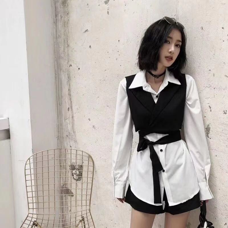 TWOTWINSTYLE Fashion Two Piece Sets Lantern Long Sleeve White Shirts Lace Up Short Vest Women's Shirts Set Spring Clothing 201120