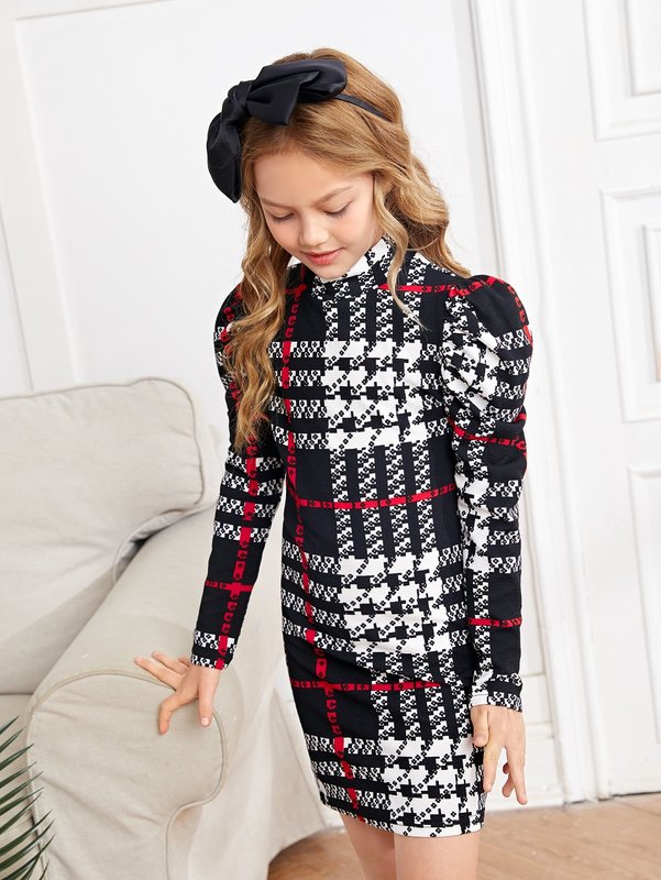Girls Plaid Gigot Sleeve Mock Neck Dress SHE