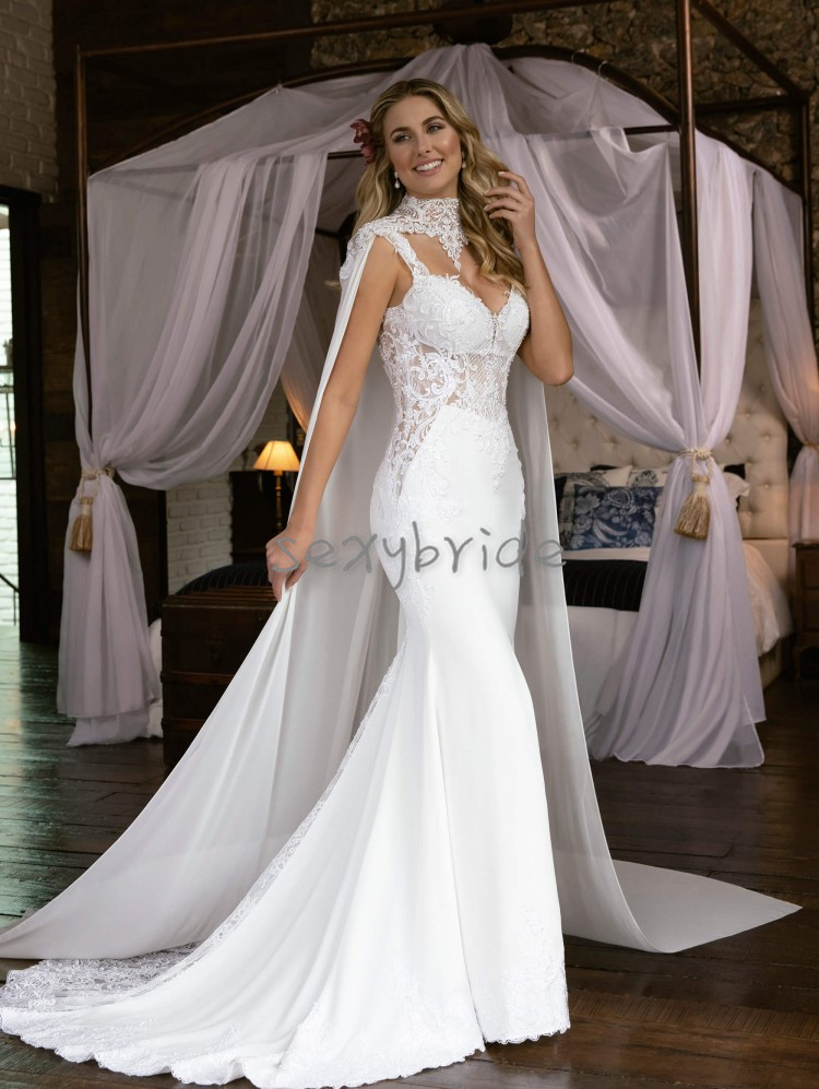 Sexy Backless Straps Mermaid Wedding Dresses With Cloak Wrap Watteau Train Appliques Lace Vintage Arabic Bridal Gowns High Collar Sheer